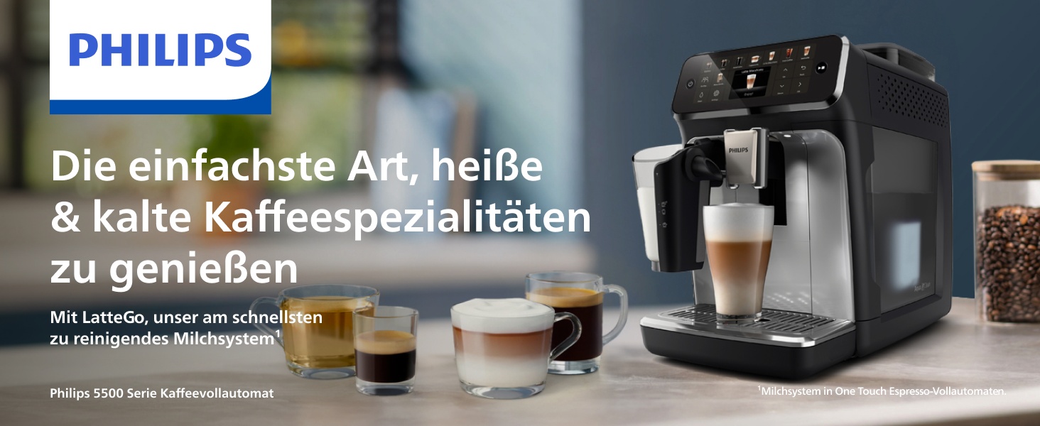 Der Text lautet „Die Einfachste Art, heiße & kalte Kaffeespezialitäten zu genießen“. Displayeinrichtung der Marke Philips für Kaffeemaschinen vor dunklem Hintergrund.